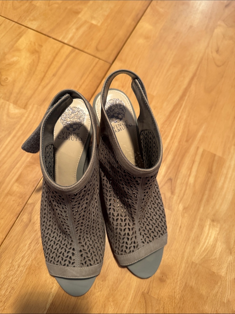 Vince Camuto Taupe Perforated Open-Toe Slingback Mules